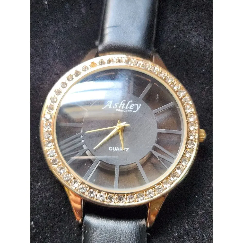 Ashley Princess Gold Tone Watch Rhinestone Bezel Black Dial Leather Strap
